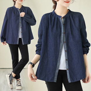 Fall 2023 retro fashion contrast color single-breasted loose all-match cotton and linen Denim shirt