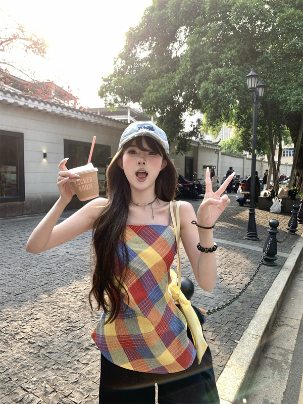 French Colorful Plaid Camisole Women's Summer Asymmetrical Design Slit Sweet Hottie Beach Outer Top