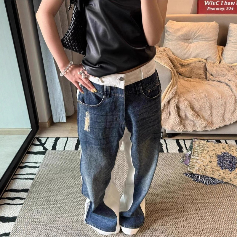 American Vibe Large Size Washed Double-Layer Splicing Jeans Women's Street Straight Loose Slimming Look Wide-Leg Draped Pants