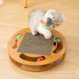 木制猫抓板猫咪玩具室内猫猫抓板环保木材带铃铛的圆形猫抓板坐垫