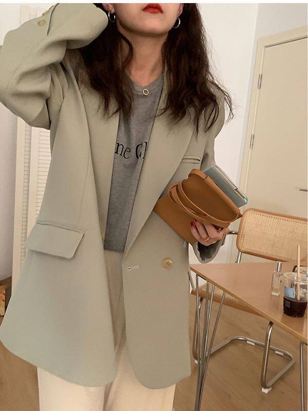 Áo vest nữ dáng suông rộng cổ vest tay dài phối túi, chất liệu polyester cao cấp — Màu xanh bạc hà chi tiết 7
