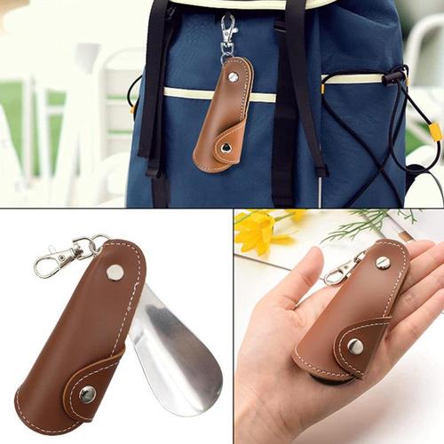 Metal leather shoehorn with leather case, unisex shoe lift, mini portable hook-and-buckle shoe pump