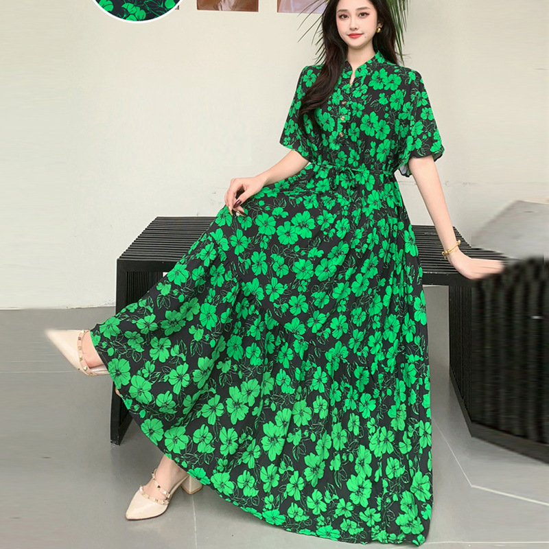 Plus-size women's summer new Southeast Asian ethnic style dress, stand-up collar floral long dress, vacation style dress
