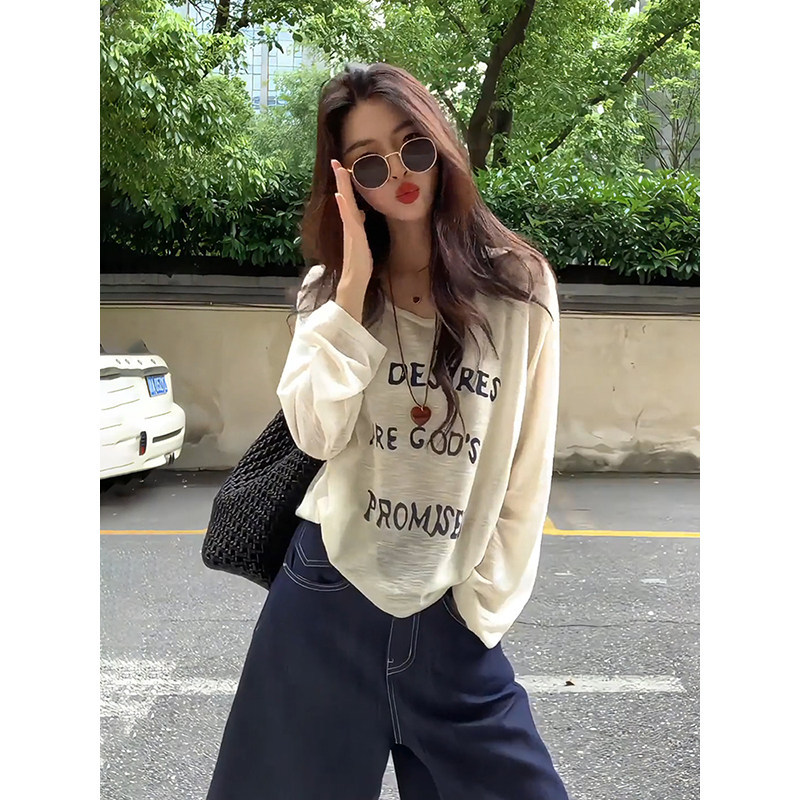 韩系百搭早春新款白色防晒罩衫长袖t恤女宽松薄款慵懒设计感上衣