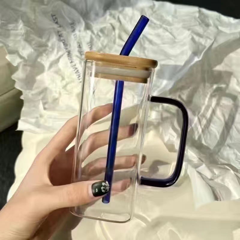 Taza de vidrio cuadrada con mango de color Taza de jugo de leche Taza para el hogar simple transparente Taza de agua de vidrio de borosilicato