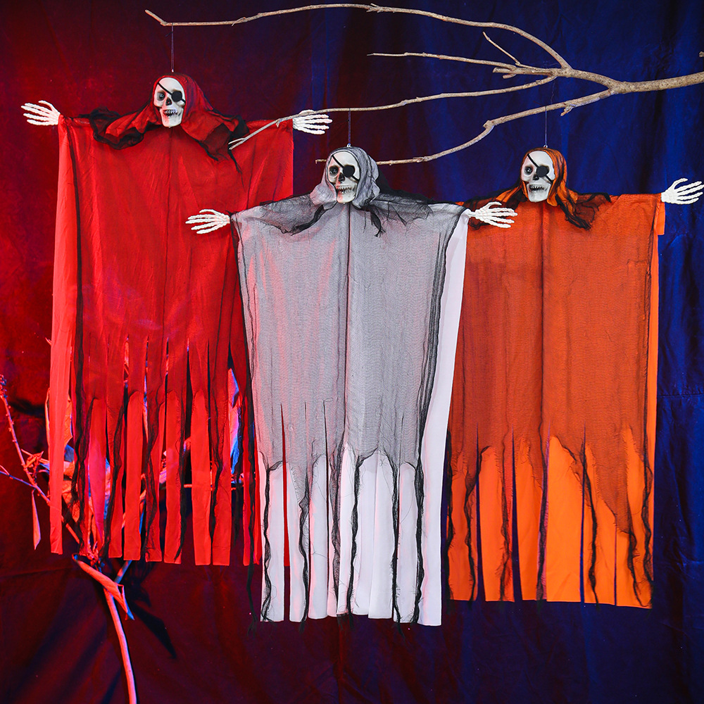Accesorios de decoración de Halloween, gasas de calavera, muecas, fantasmas colgantes, adornos en la puerta de la casa embrujada, cabezas de calabaza colgantes, fantasmas de terror