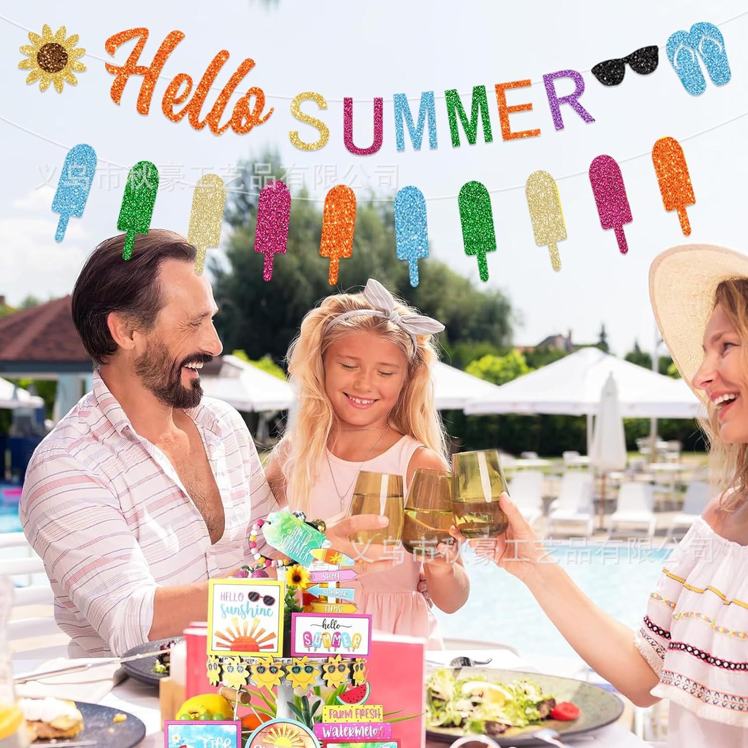 Decoración de fiesta hawaiana Lavado de flores hello summer bandera piña árbol de coco bandera colgante diseño de atmósfera