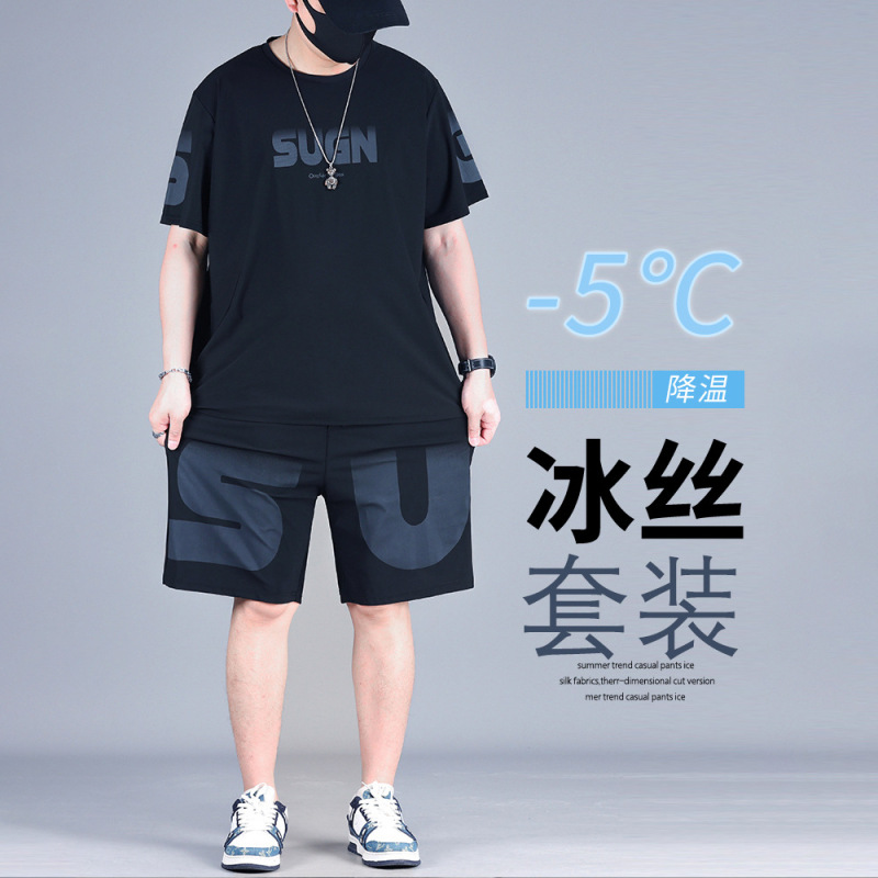 アイスシルクカジュアルスポーツスーツ夏の新作メンズプラスサイズ速乾Tシャツ半袖ショーツ2点セットトレンディ|undefined