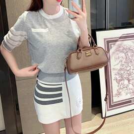 工厂直销夏季新款镂空四杠学院风圆领撞色针织女短袖