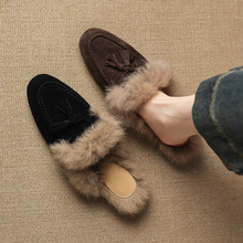 老钱风流苏兔毛穆勒鞋2025羊反绒面粗低跟圆头真皮毛毛外穿拖鞋女