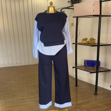 欧美跨境女装2025夏季新款时尚圆领拼接条纹上衣高腰长裤休闲套装