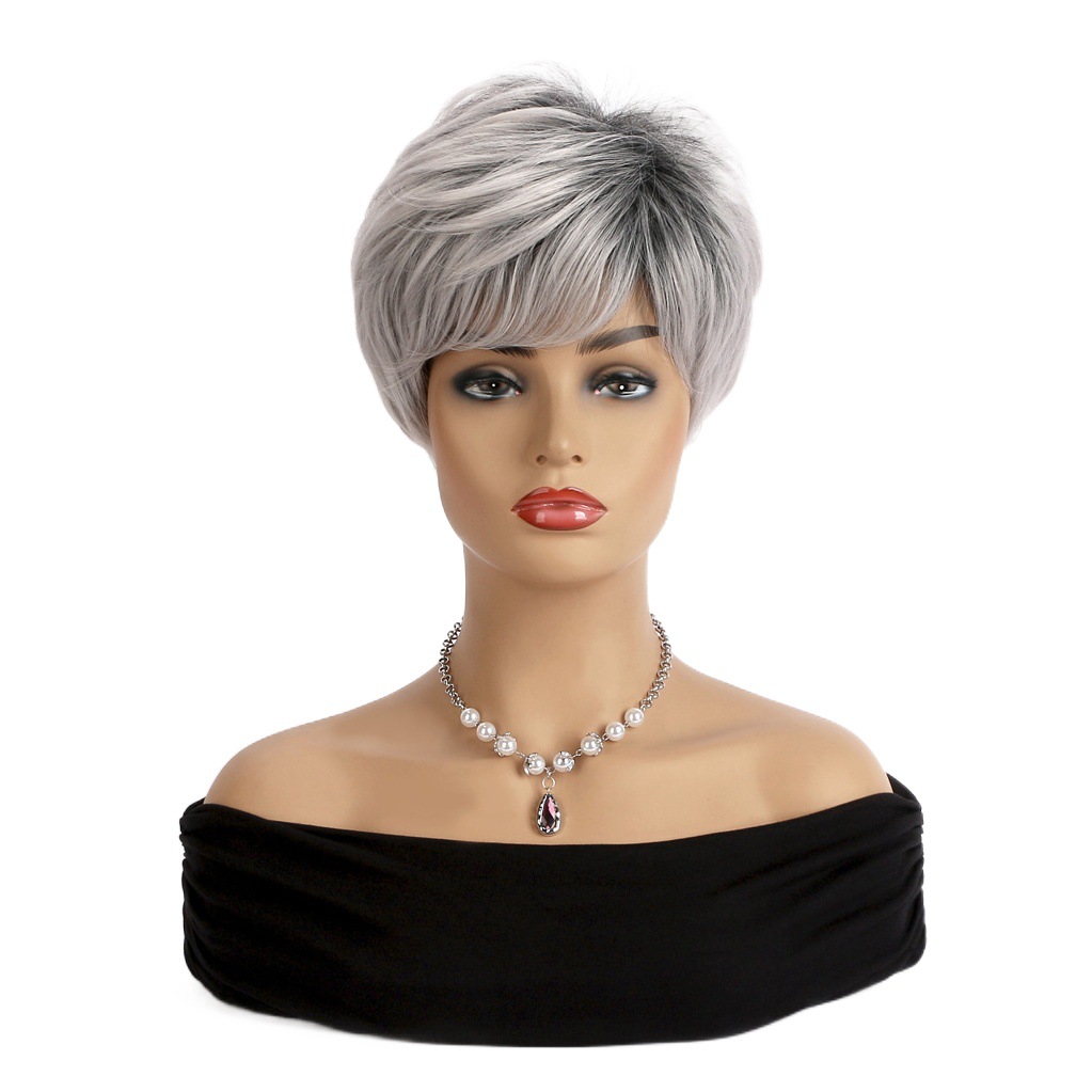 Peluca de pelo corto de comercio exterior Venta caliente europea y americana Venta directa de fábrica señoras moda color mezclado recto Bangs Peluca de fibra química