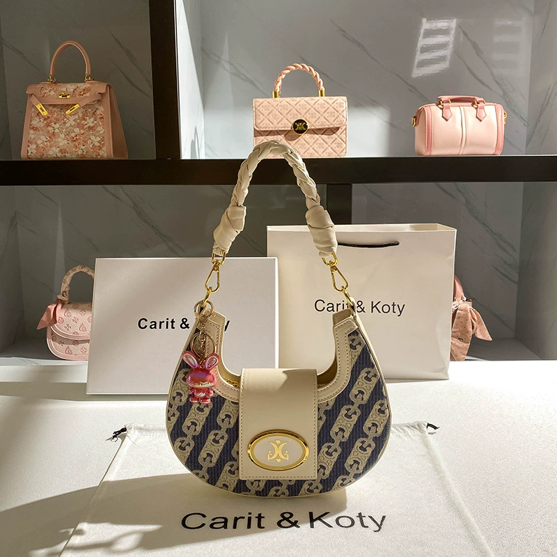 Underarm One-Shoulder Bag (Carit & Koty) Woven Crescent, Braided Handle & Detachable Strap, Multi Colors