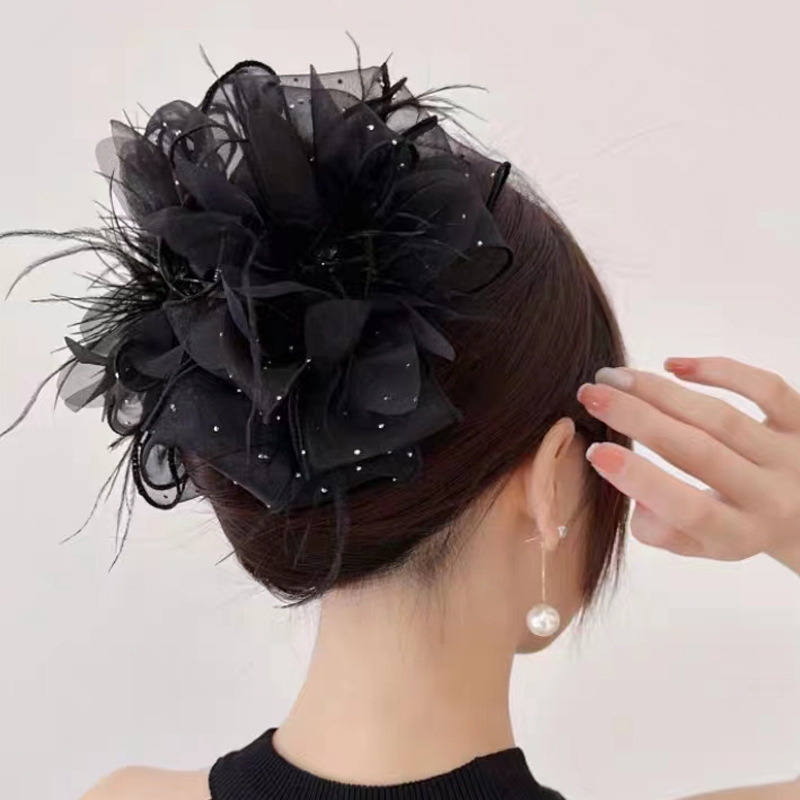 女性用レトロサテンリボンクリップ、ハイエンド、エレガント、ローポニーテールクリップ、後頭部クリップ、ヘアピン|undefined