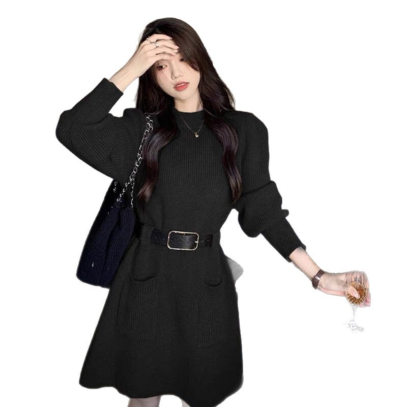 富家千金连衣裙腰带女高级感气质名媛炸街裙子配大衣中长款毛衣裙|undefined