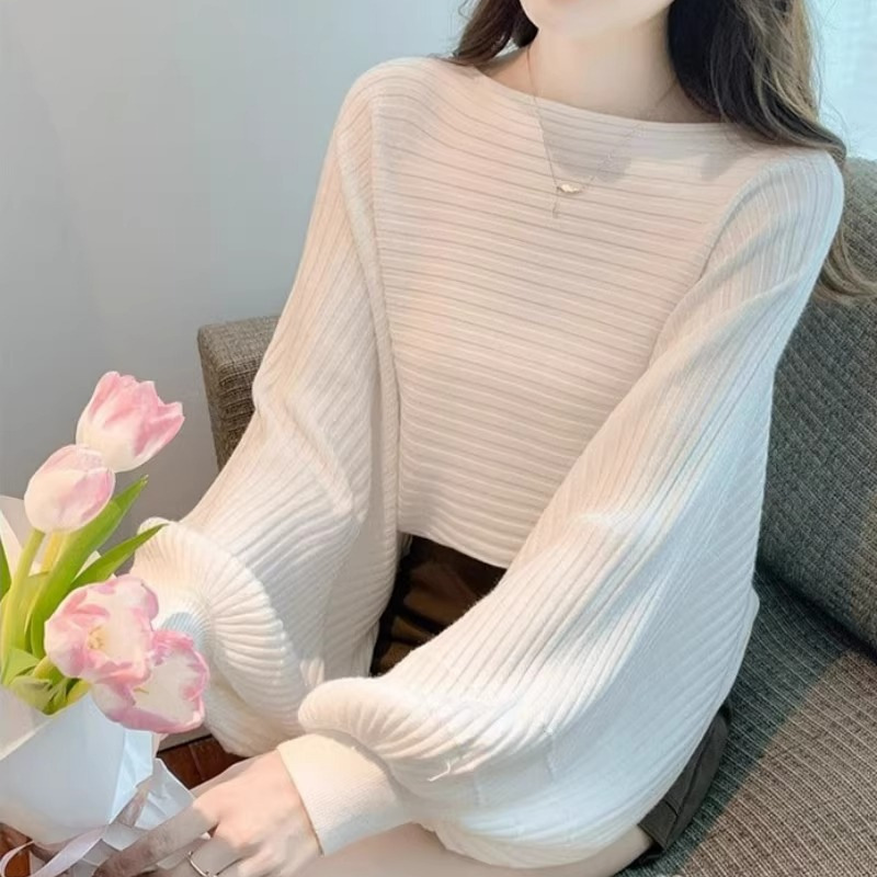 Lantern sleeve sweater women's autumn wear a collar long sleeve bottoming shirt this year popular beautiful top sweater