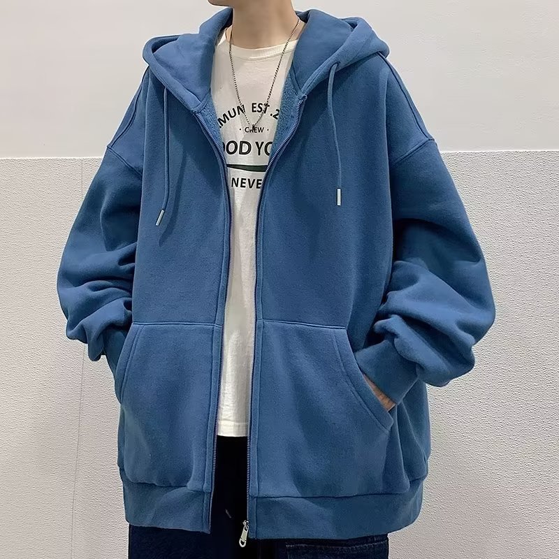 블루 솔리드 컬러 지퍼 카디건