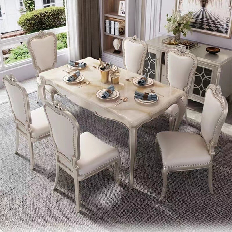 American Combination Marble Dining Table and Chair Set European Solid Wood Rectangular Dining Table Simple Home Restaurant Dining Table