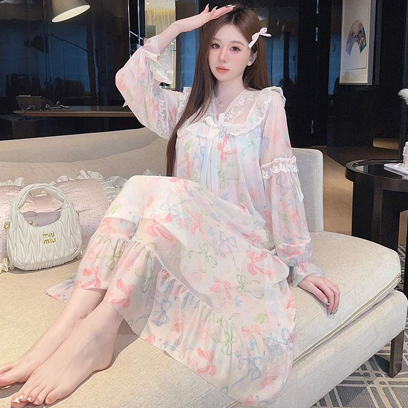 凌蕾春秋季碎花蕾丝蝴蝶结网纱宫廷公主风中长睡裙睡衣家居服女|undefined