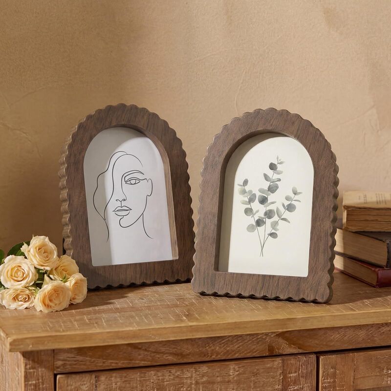 Wooden Retro Decorative Wave-Shaped Photo Frame for Living Room and Bedroom Desktop Decoration, Arch-Shaped Fan-Shaped Solid Wood Photo Frame