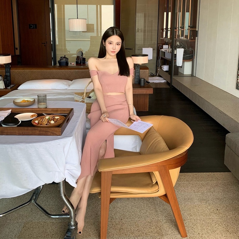 (2개) 봄 두 조각 우아한 섹시한 치마 조합 연꽃 뿌리 전분 컬러 뜨거운 소녀 탑 높은 허리 엉덩이 스커트 여성 사용자 정의