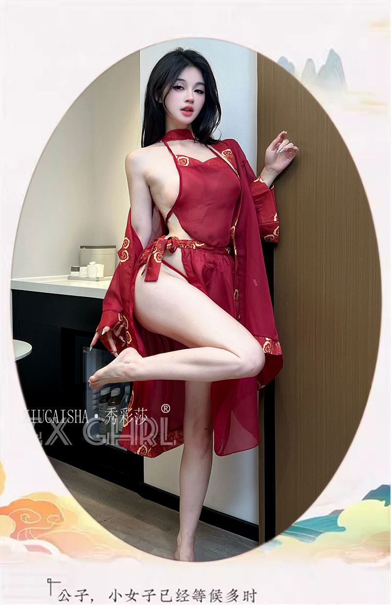 Chinese Han-Style Chiffon Bellyband Lingerie Set, See-Through 5-Piece Uniform — detail image 9