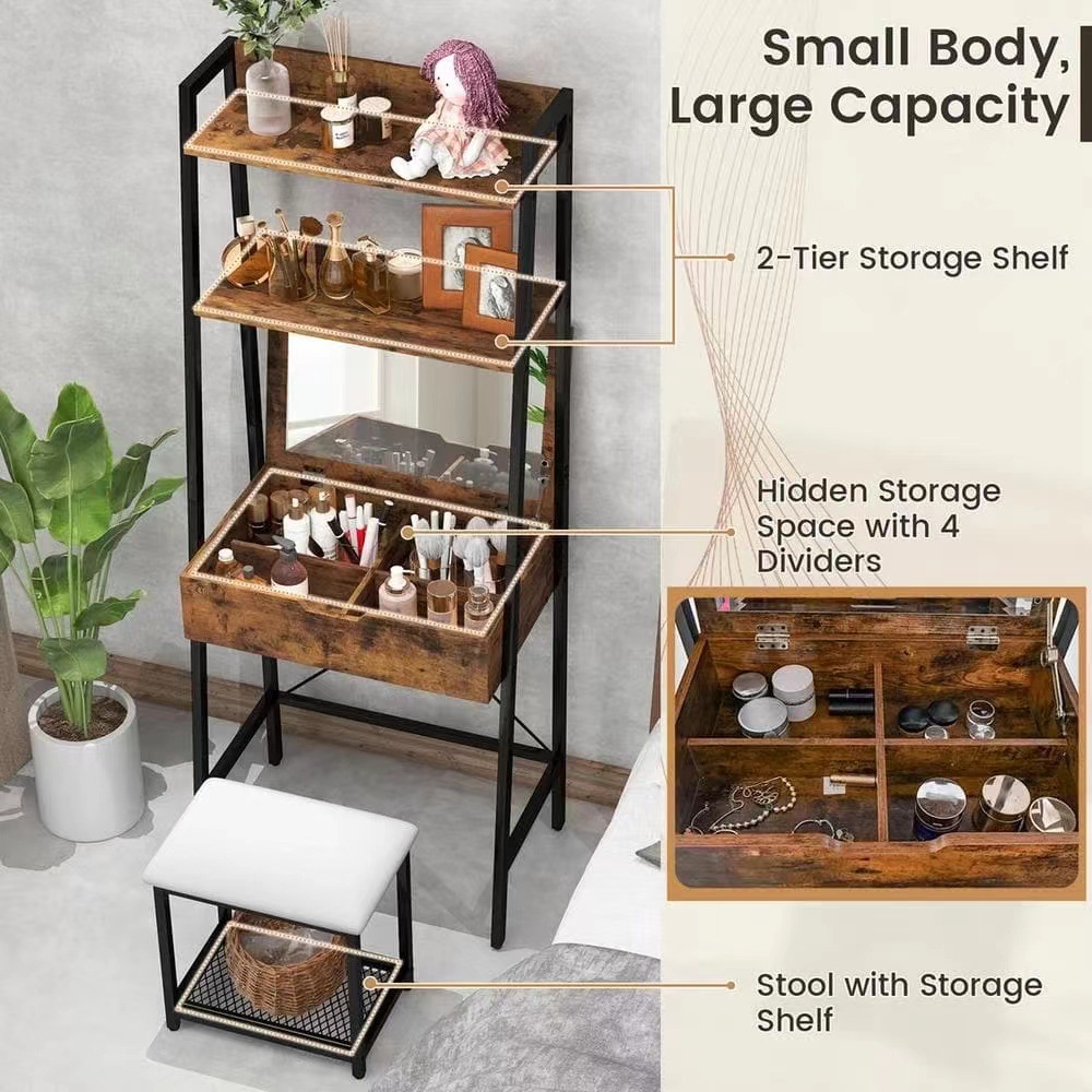 Modern steel wood dressing vanity set rural brown vanity table storage shelf desktop with flip mirror