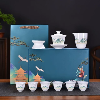 陶瓷茶具套装玉兰杯国潮整套功夫盖碗家用办公商务礼品套装批发
