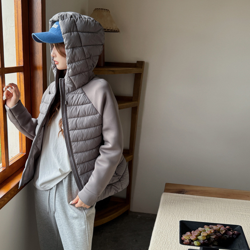 Algodón delgado estilo de moda europea y americana 2025 chaqueta de algodón empalmado chaqueta de algodón delgada de cuello de pie chaqueta de algodón de mujer image 4
