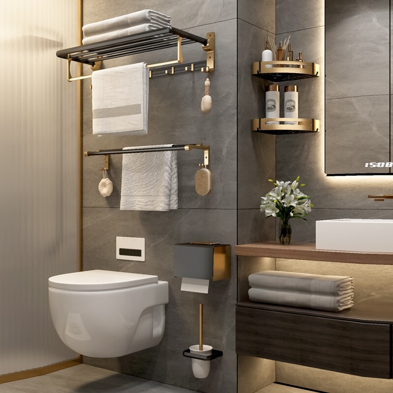 Space Aluminum Bathroom Storage Rack Wall-mounted Towel Rack Light Luxury Hole-free Toilet Toilet Towel Bar Restroom