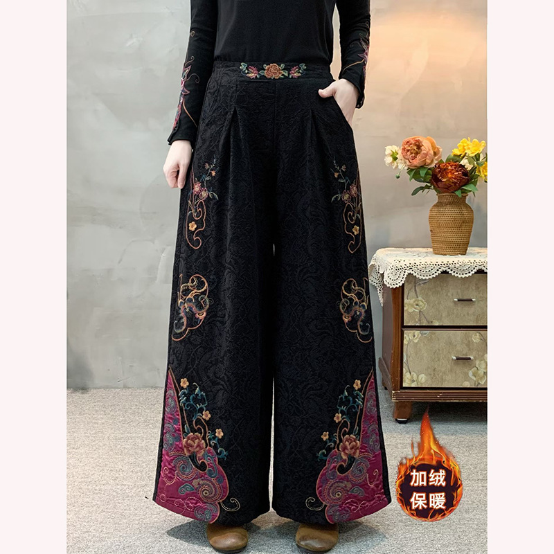 2025冬季新款棉麻刺绣休闲裤女民族风复古松紧腰纯色宽松加绒棉裤