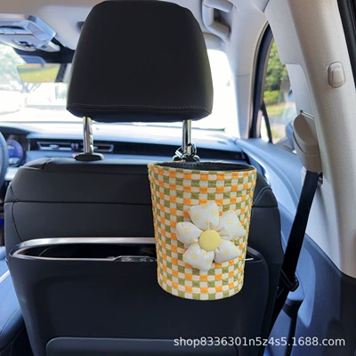 Car tissue box/set: car seat decoration - yellow-flower-yellow-green-bubble-grid-trash-can-with-trash-bags-seat-version
