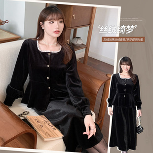 63671丨French Hepburn Style Velvet Suit Skirt Fat mm Large Size Square Collar Lace Waist Top Two-Piece Set