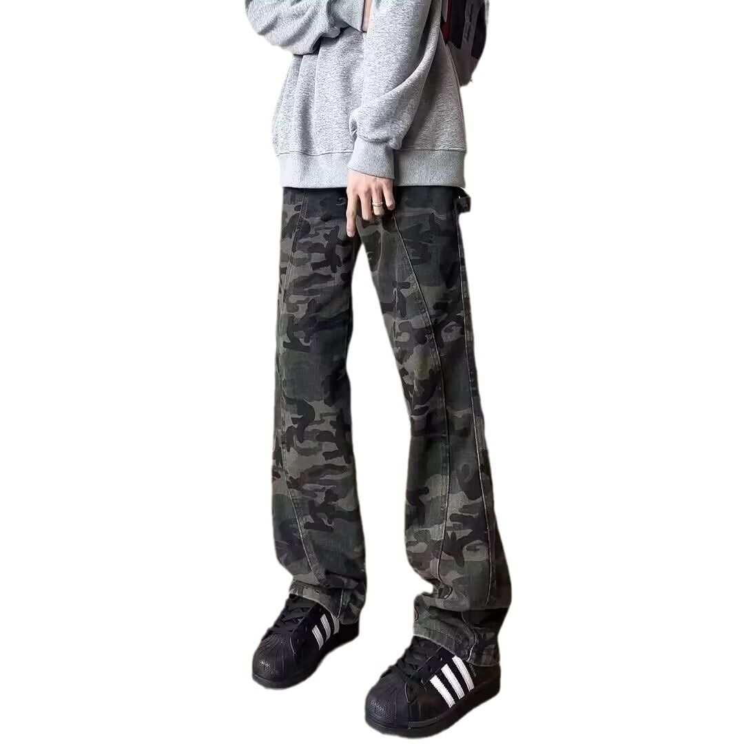 Vaqueros de camuflaje para hombres y mujeres nuevos pantalones retro americano de la calle alta pantalones anchos rectos sueltos