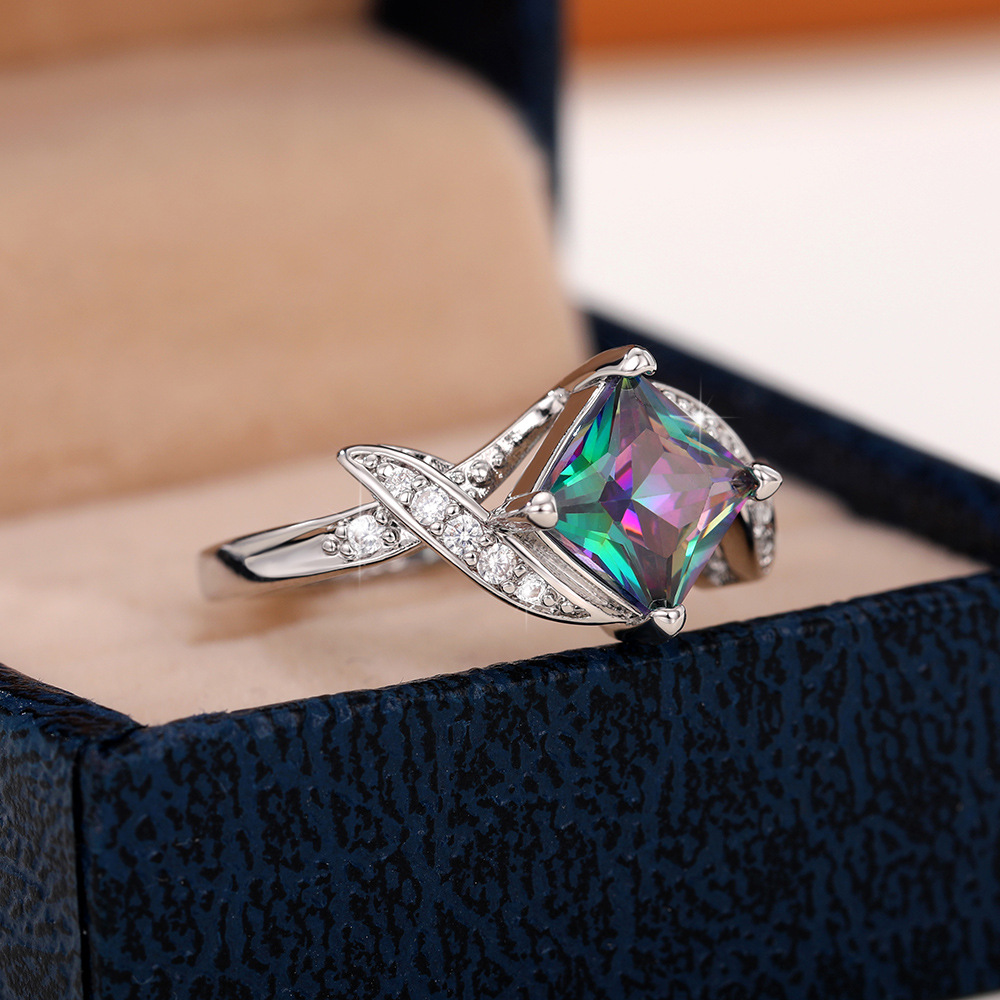 Bunter Zirkonring Für Damen, Eleganter Quadratischer Modeschmuck_voghion.com