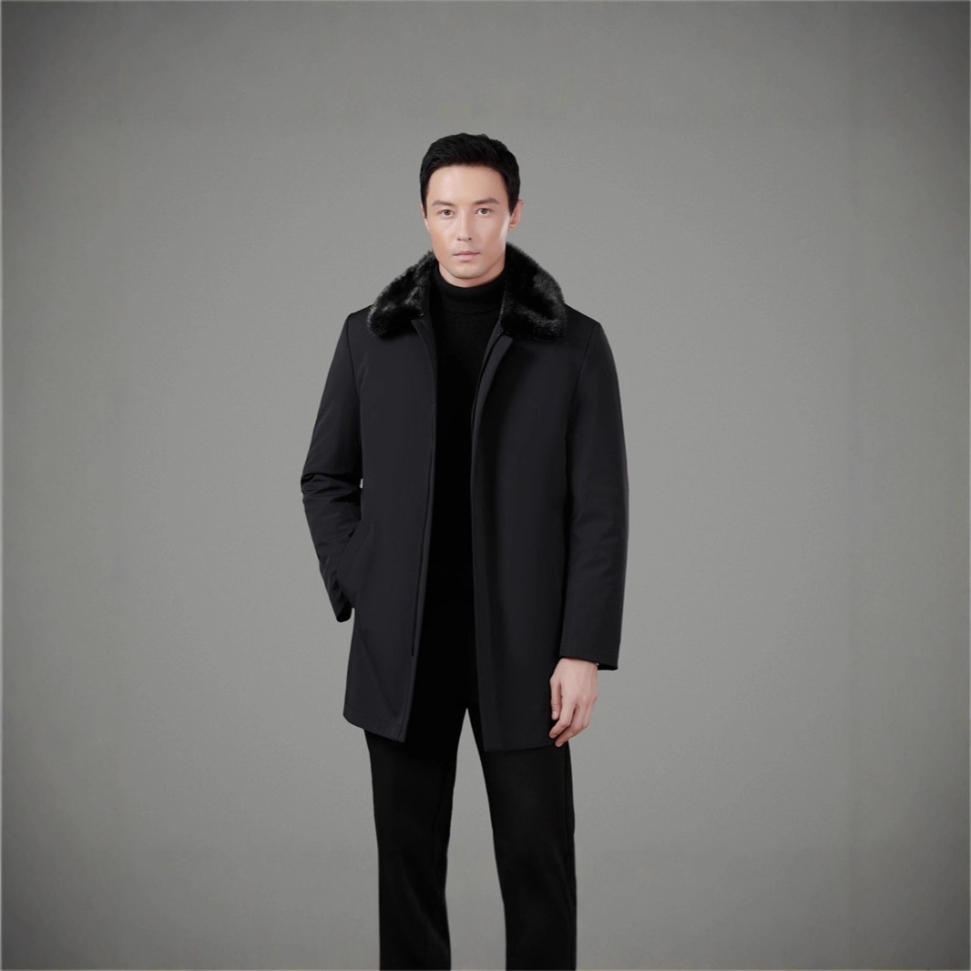 Detachable down jacket for men, men's parka with mink lining, fur trim, high-end men's business attire, large fur collar.