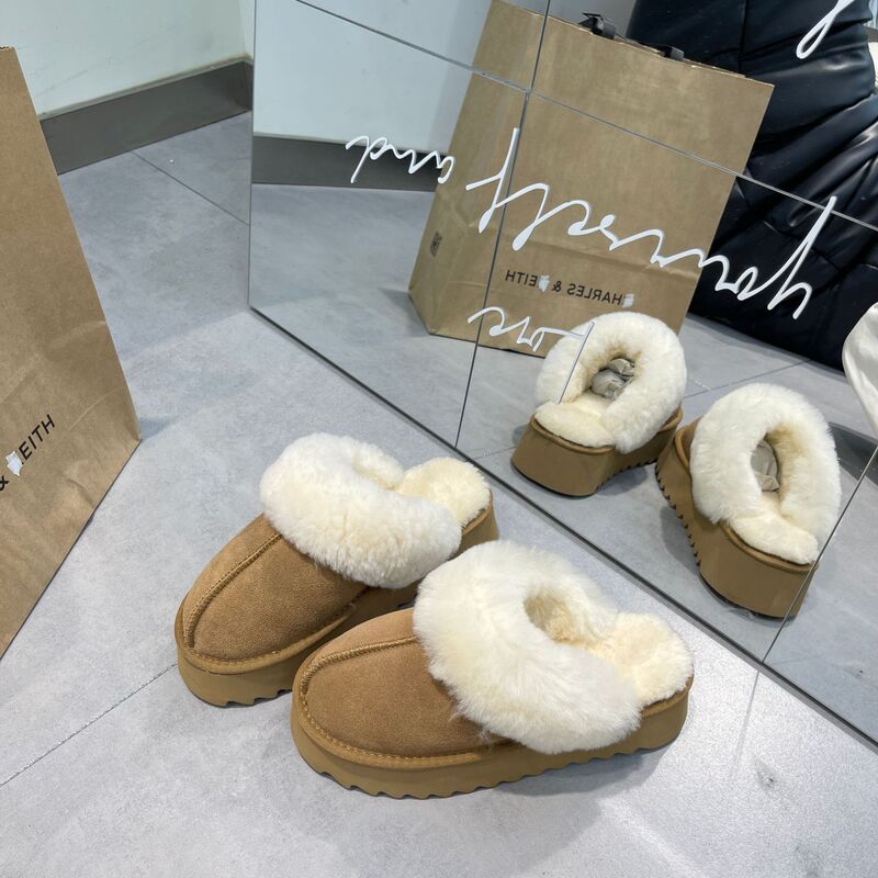 Pruggi Cowhide Wool Snow Boots, Half-Slip Warm Slip-On Lazy Mules, Non-Slip Birkenstock-Style Shoes