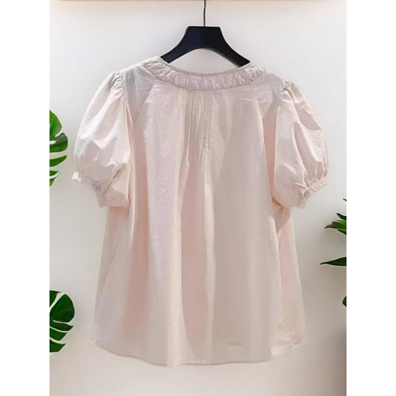 【100%】女性用純綿夏フレンチVネックプリーツパフスリーブシャツ、ゆったりとしたデザインで年齢を軽減し、シックです。|undefined