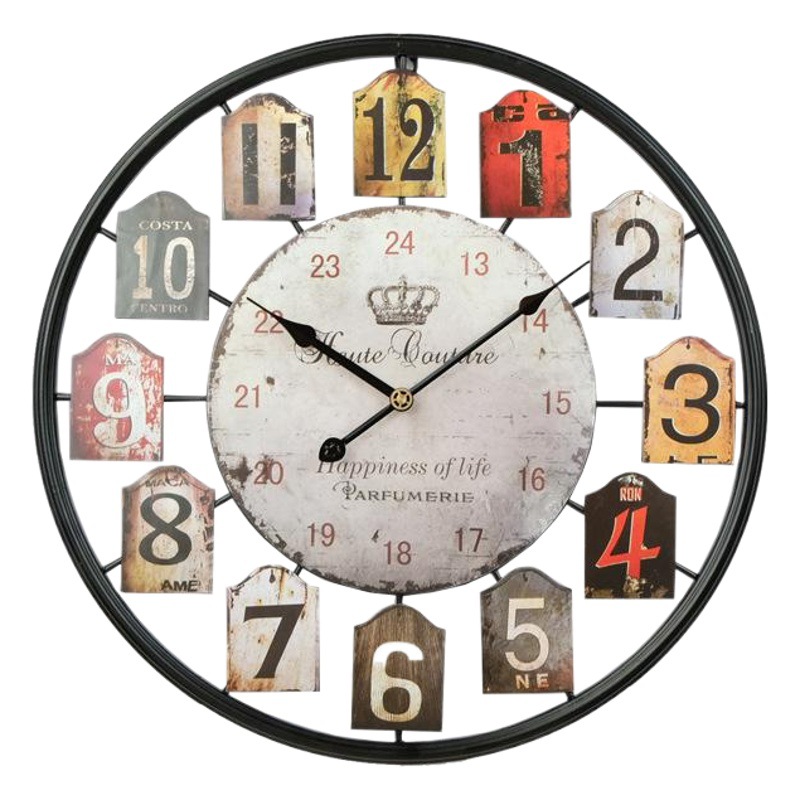アメリカの鉄芸の復古の掛け時計の円形の透かし彫りの金属のdiy時計のヨーロッパ式は古い客間の時計の卸売りをします。