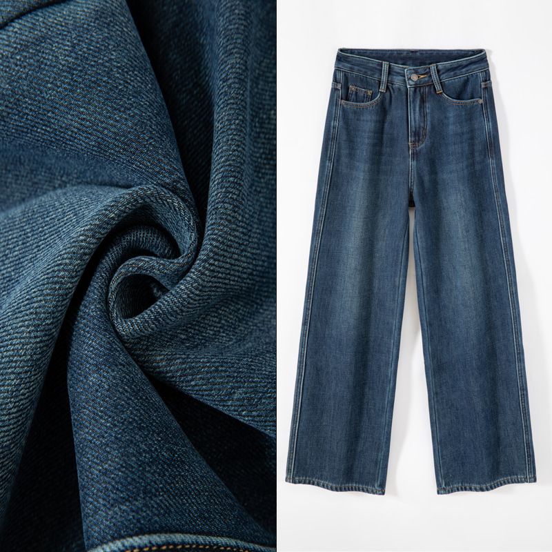 Fleece-Lined Thick Wide-Leg Jeans for Women, High-Waisted, Winter Warm, American-Style Haze Blue Long Pants, Slim Wide-Leg Pants
