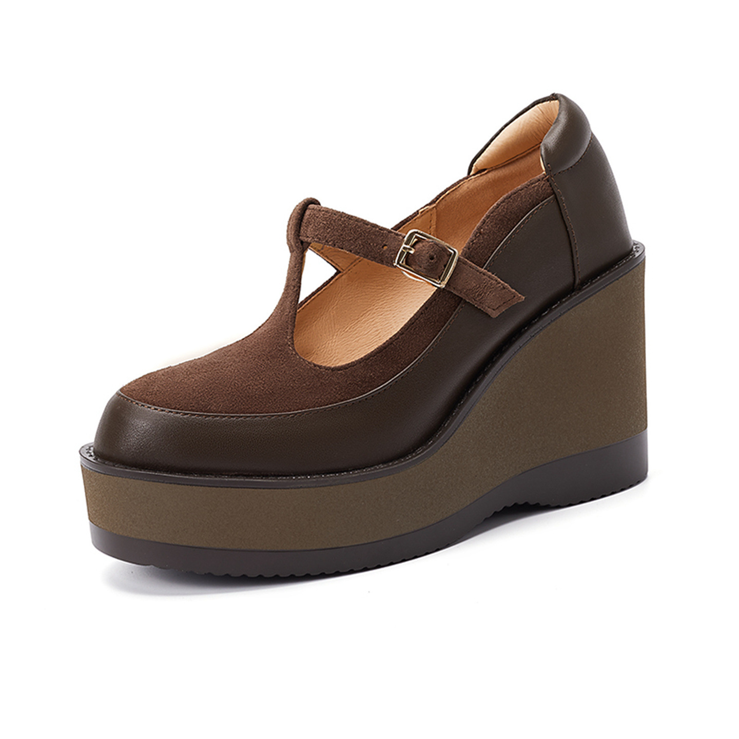 Giày Mary Jane nữ đế xuồng gót cao 9.5 cm khóa chữ T phối màu retro — nâu
