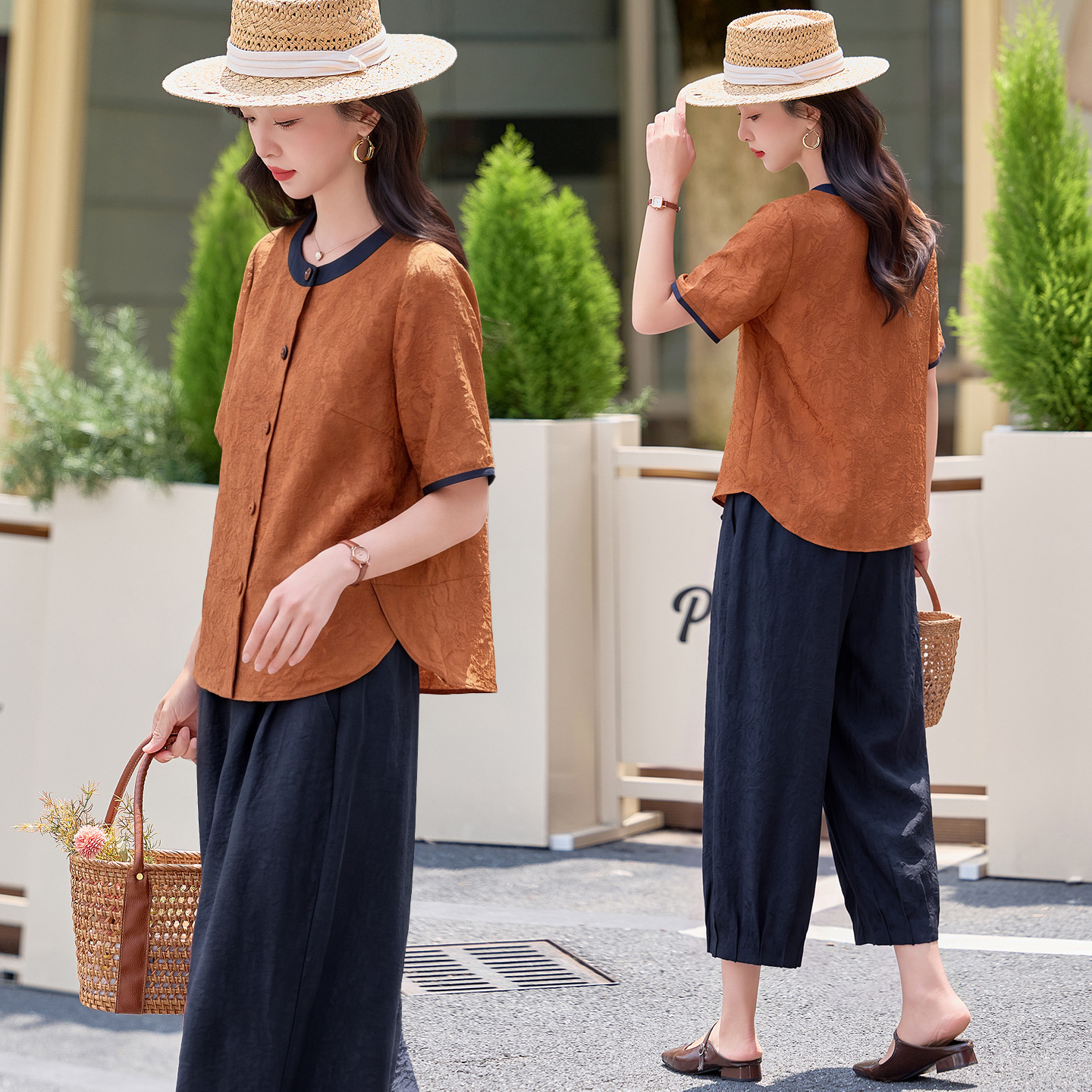 Bộ quần áo nữ hai mảnh gồm áo thun cổ tròn và quần ống đứng dài 9 phần — Cam + Xanh đậm, Vàng + Nâu