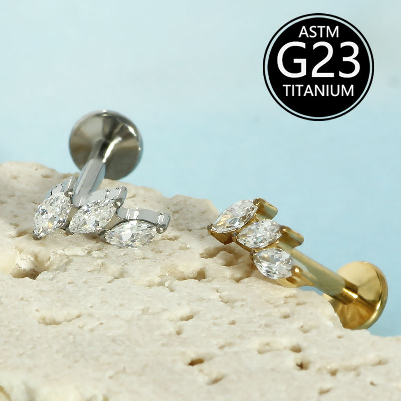 G23 Titanium Leaf Marquise Zircon Lip Stud 1.2mm Rod Internally Threaded Labret Piercing Jewelry detail image 6