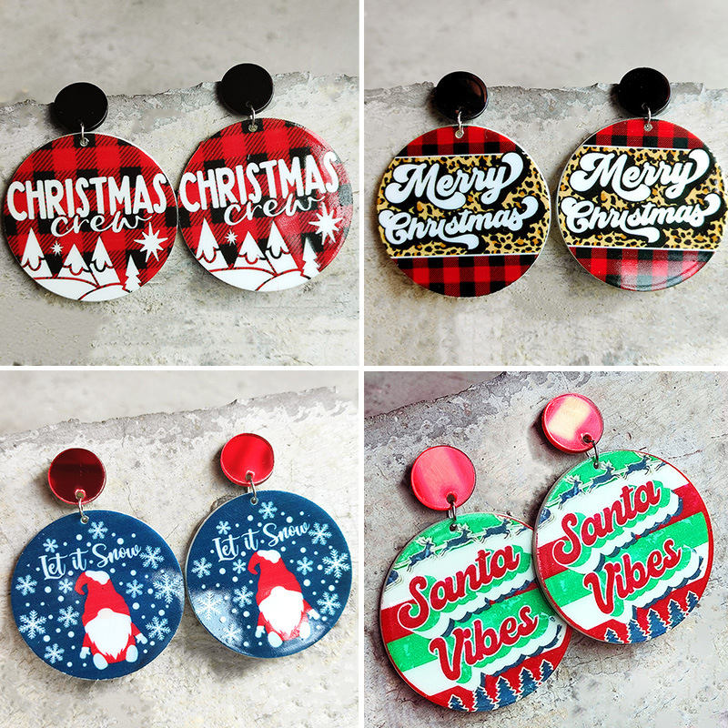 Retro plaid leopard print Christmas earrings Christmas tree snowflake dwarf beautiful happy bright oil acrylic earrings