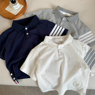 Children's Polo Shirt 2024 Summer New Boys and Girls Simple Printed Lar T-Shirt Baby Trendy Brand TB Short Sleeve