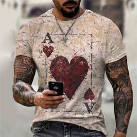 亚马逊跨境新款扑克牌元素男装3D个性印花短袖 男士休闲圆领T恤