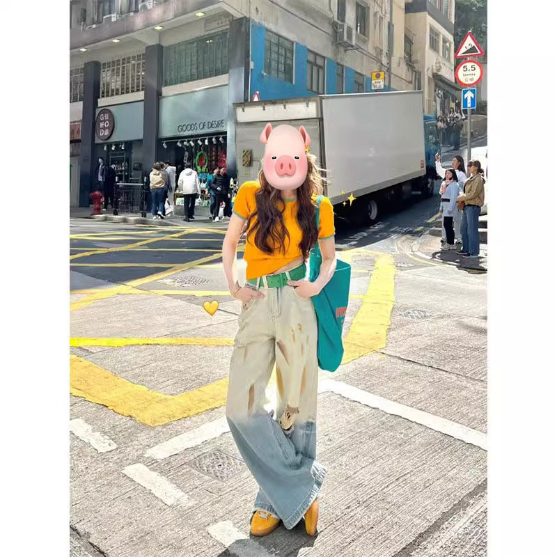 夏季美式复古穿搭女2025新款多巴胺撞色针织短袖破洞牛仔裤两件套|undefined