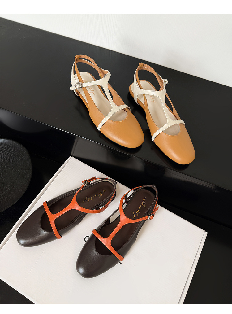 Sandal nữ quai chữ T bít mũi đế bệt da bò phối màu phong cách Hàn — màu nâu chi tiết 2