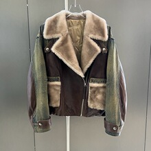 2025欧洲站新款西装领机车鹅绒服女短款羊毛拼接牛仔羊皮外套显瘦