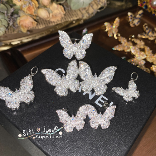 SIsi padparadscha pink butterfly set for women, super fairy plated 18K gold micro-paved green spinel Cuic zircon earrings